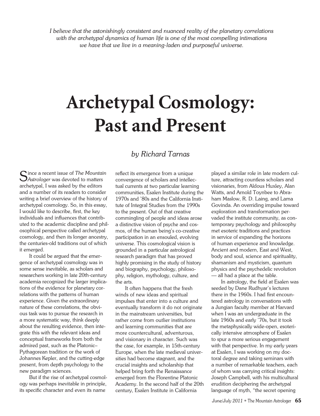 Archetypal Cosmology: Past and Present