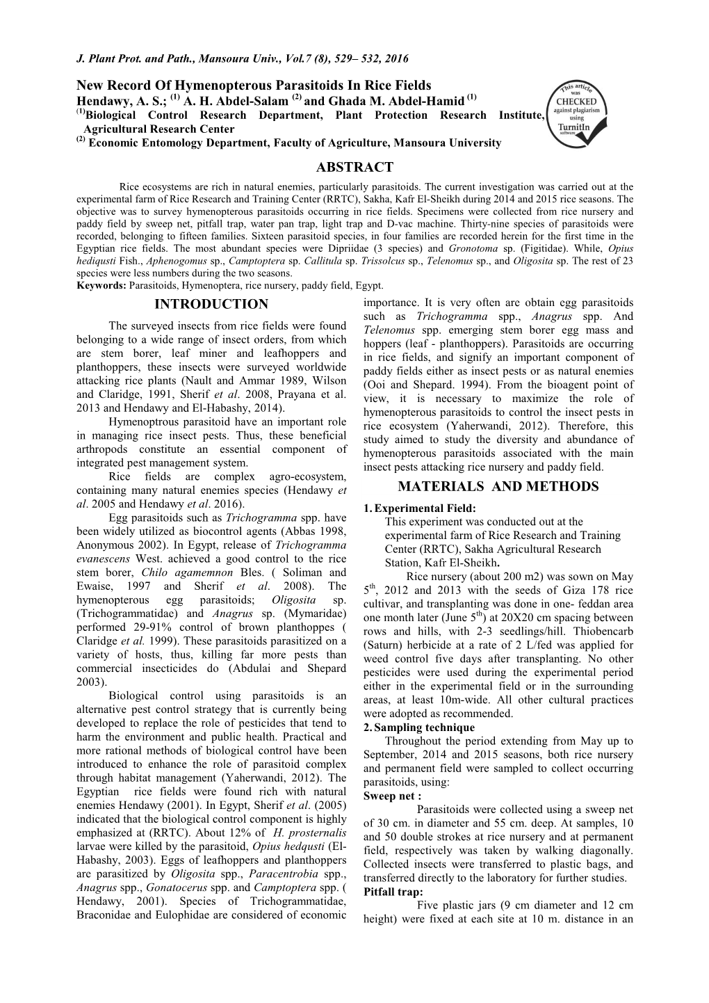 New Record of Hymenopterous Parasitoids in Rice Fields Hendawy, A