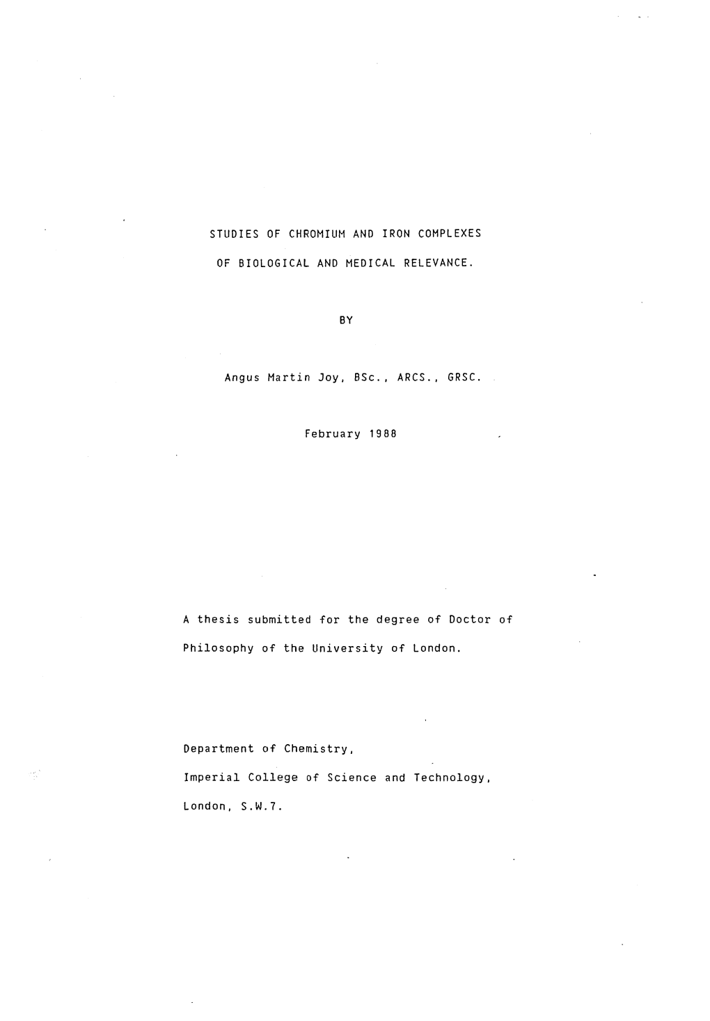 Studies of Chromium and Iron Complexes