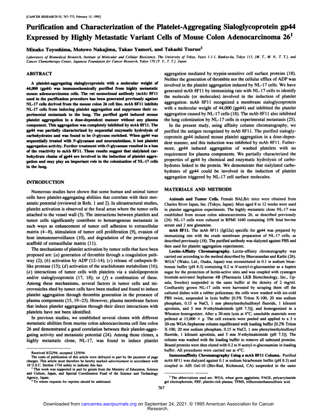 Purification and Characterization of the Platelet-Aggregating Sialoglycoprotein Gp44 Expressed by Highly Metastatic Variant Cells of Mouse Colon Adenocarcinoma 26'