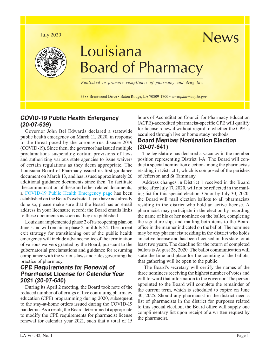 July 2020 News Louisiana Board of Pharmacy