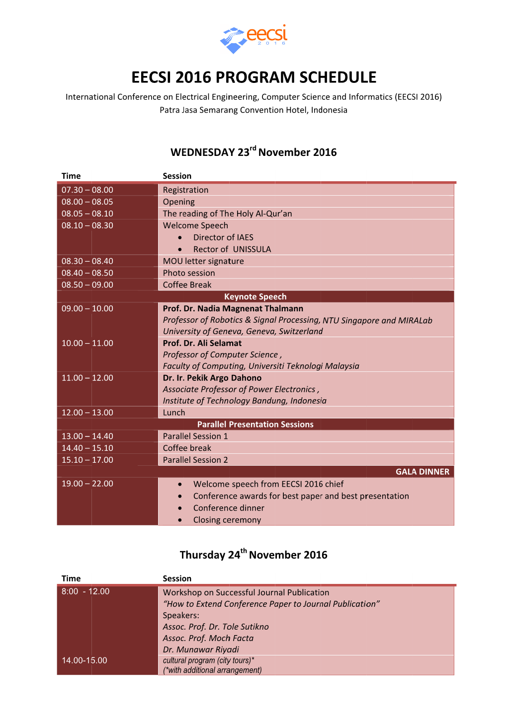 Agenda and Parallel Session Schedule