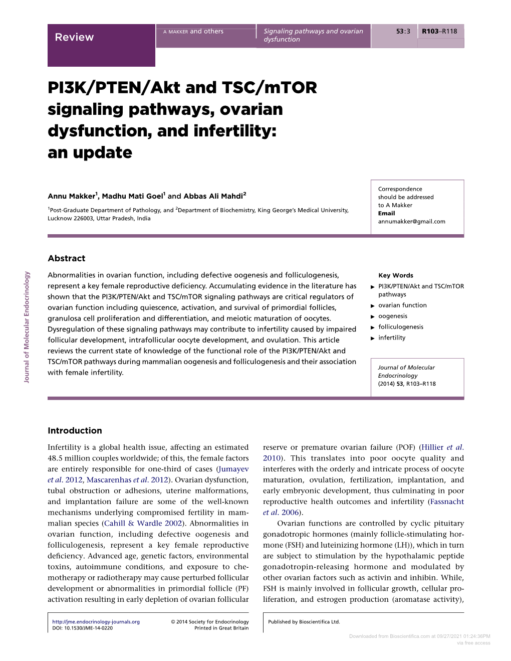 PI3K/PTEN/Akt and TSC/Mtor Signaling Pathways, Ovarian Dysfunction, and Infertility: an Update