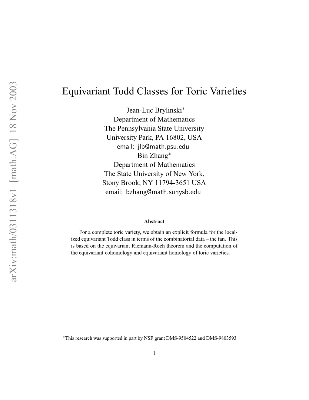 18 Nov 2003 Equivariant Todd Classes for Toric Varieties