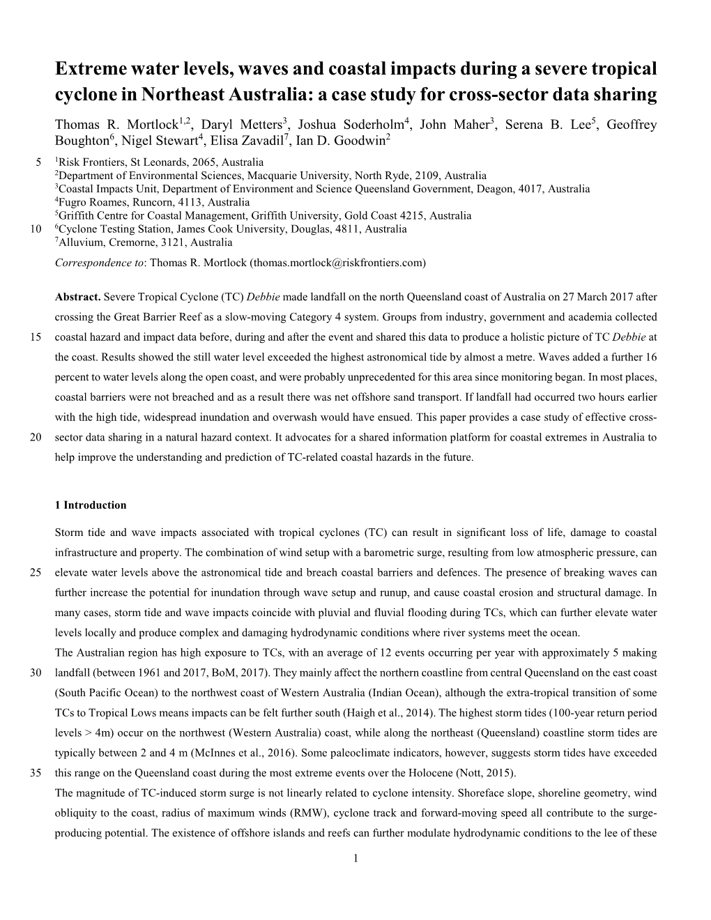 Extreme Water Levels, Waves and Coastal Impacts During a Severe Tropical Cyclone in Northeast Australia: a Case Study for Cross-Sector Data Sharing Thomas R