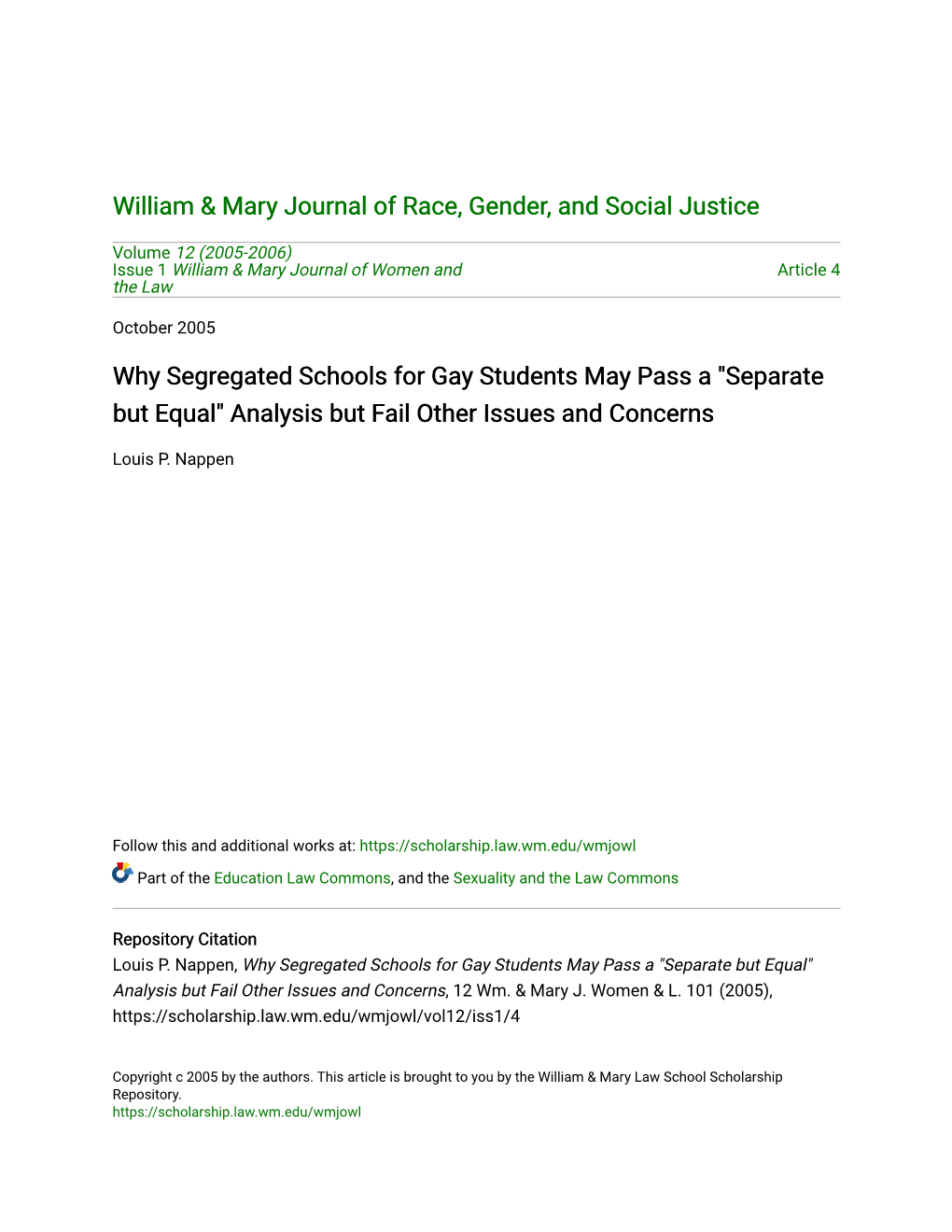 Why Segregated Schools for Gay Students May Pass a "Separate but Equal" Analysis but Fail Other Issues and Concerns