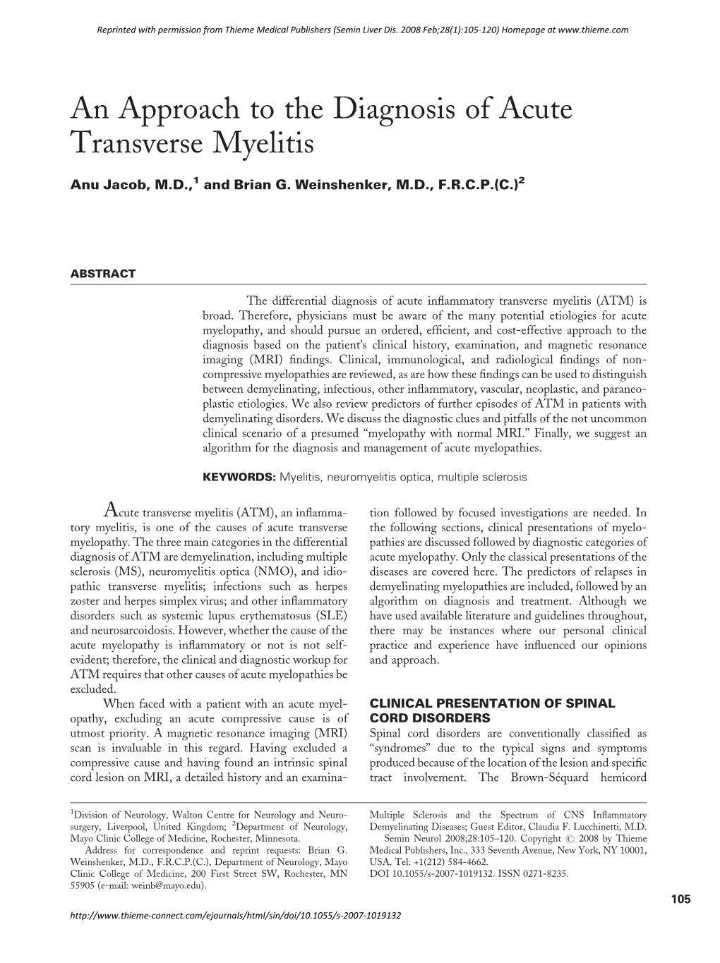 An Approach to the Diagnosis of Acute Transverse Myelitis
