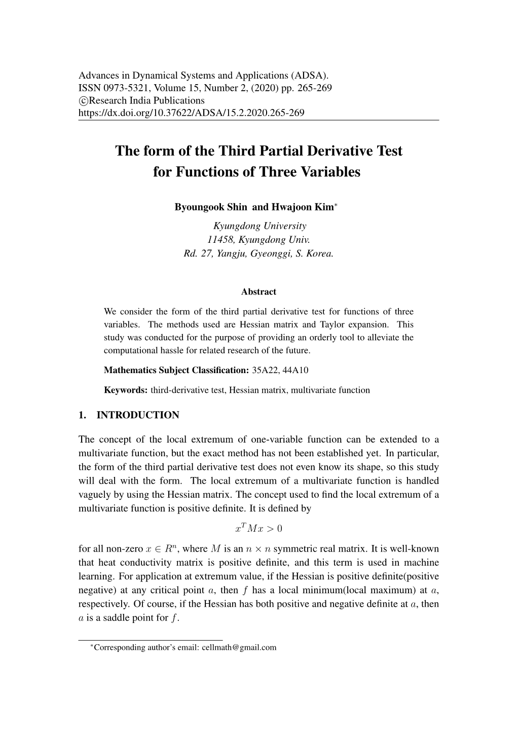 The Form of the Third Partial Derivative Test for Functions of Three Variables