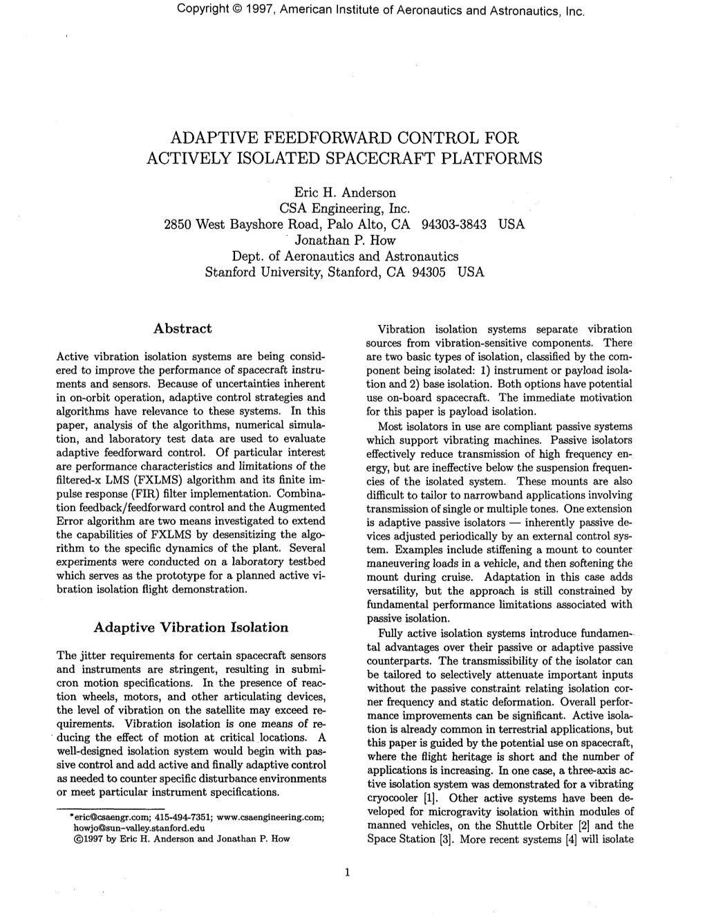 Adaptive Feedforward Control for Actively Isolated Spacecraft Platforms