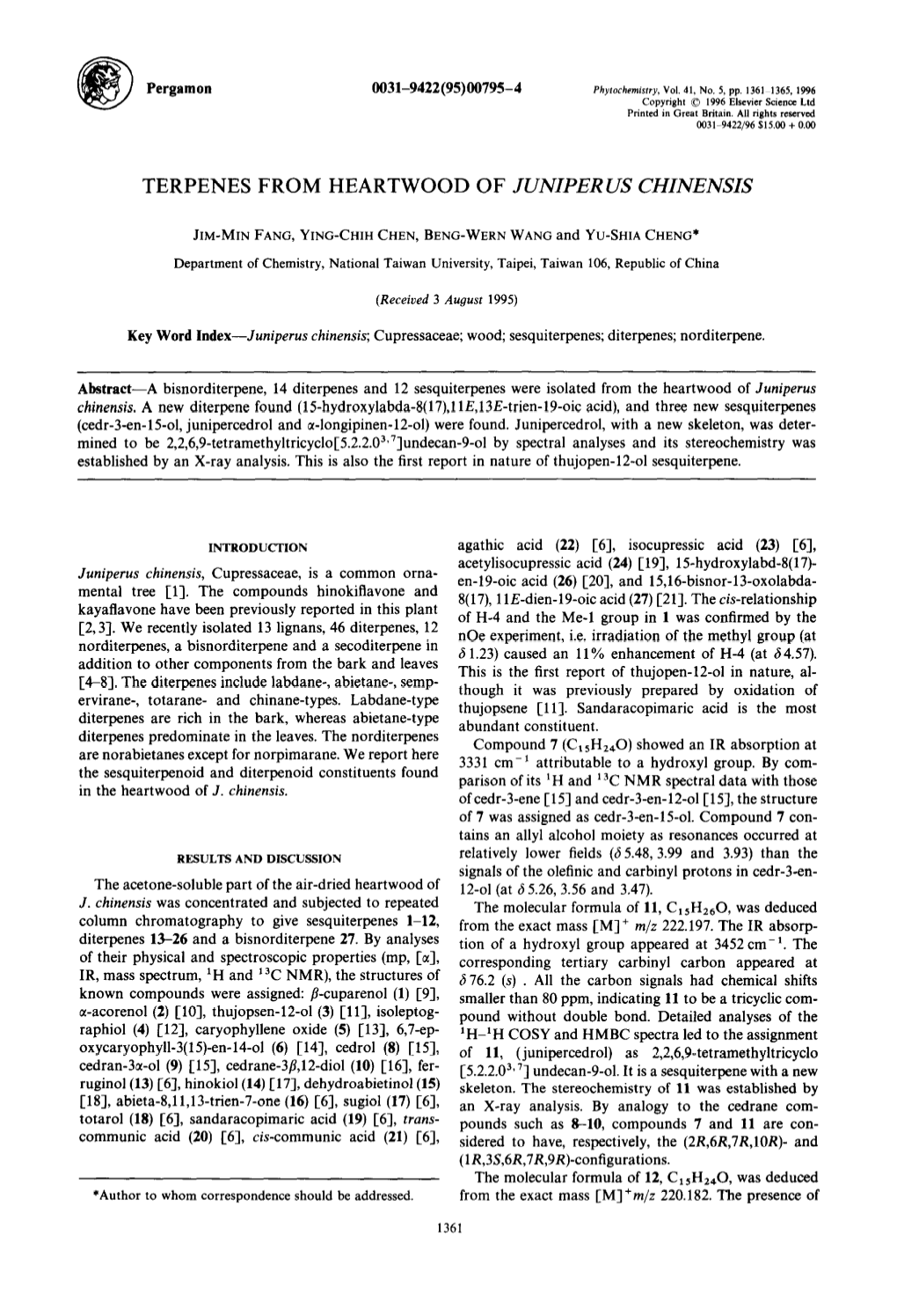 Terpenes from Heartwood of Juniperus Chinensis