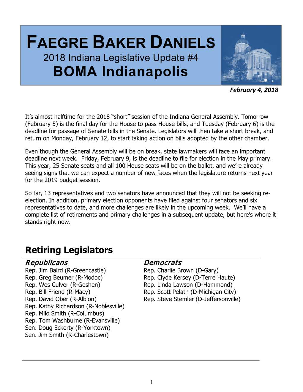FAEGRE BAKER DANIELS 2018 Indiana Legislative Update #4 BOMA Indianapolis