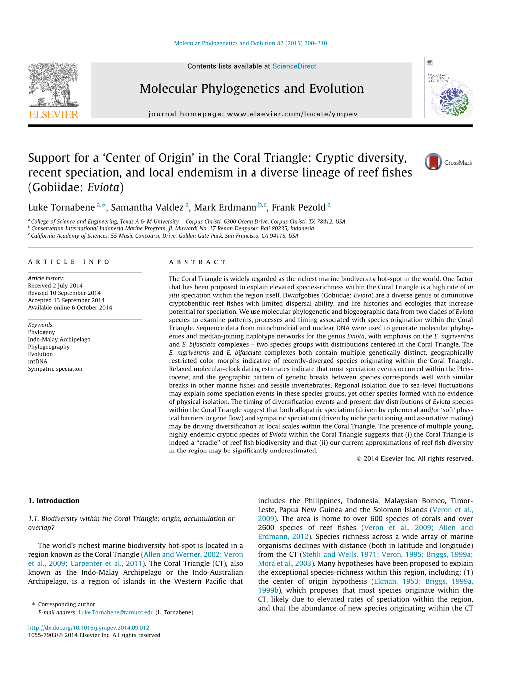 Support for a Â€˜Center of Originâ€™ in the Coral Triangle: Cryptic