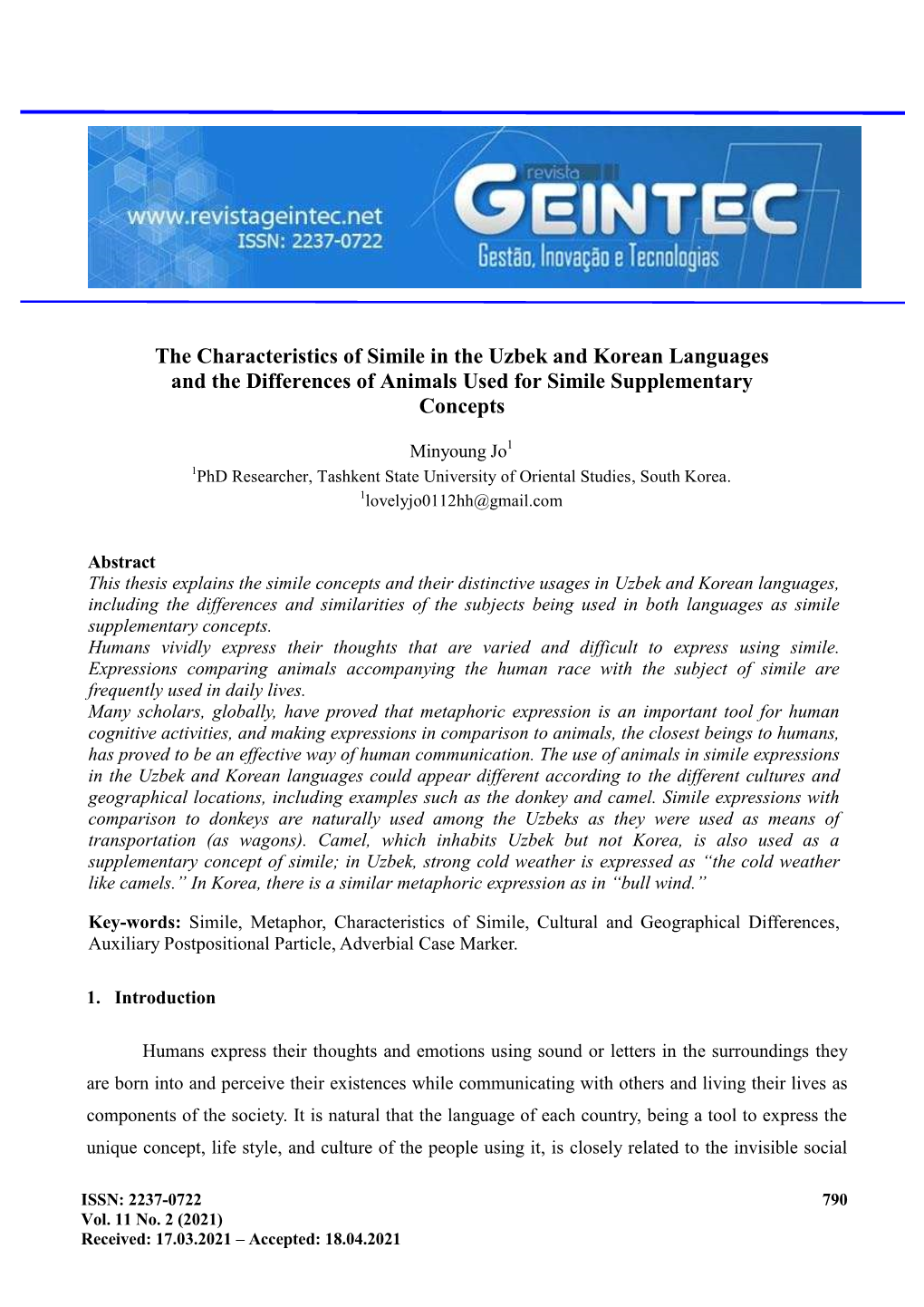 The Characteristics of Simile in the Uzbek and Korean Languages and the Differences of Animals Used for Simile Supplementary Concepts