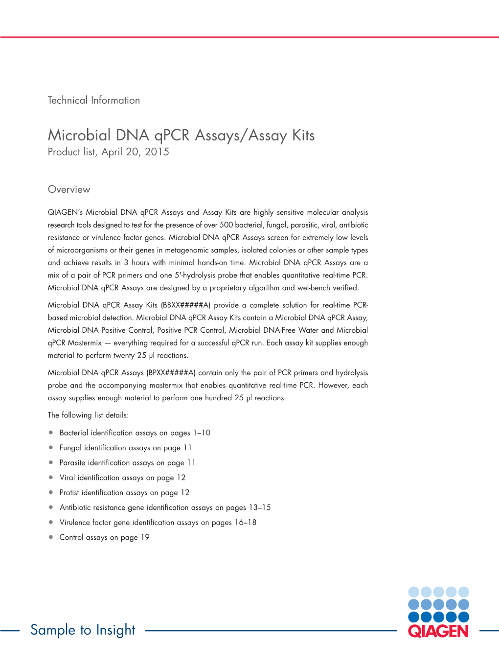 Microbial DNA Qpcr Assays/Assay Kits Product List, April 20, 2015
