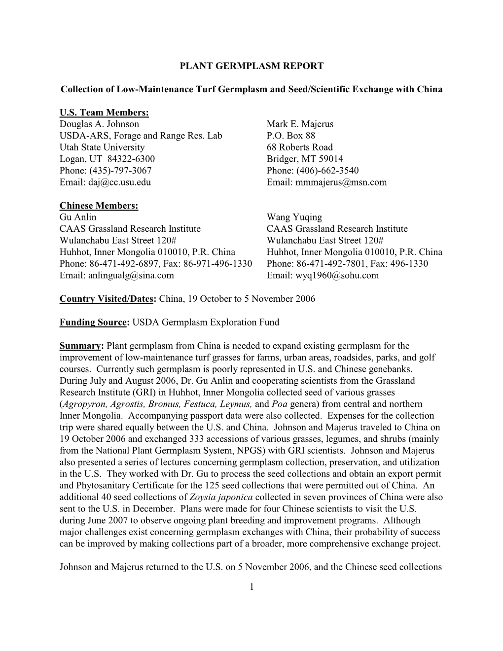 Plant Germplasm Collection Report