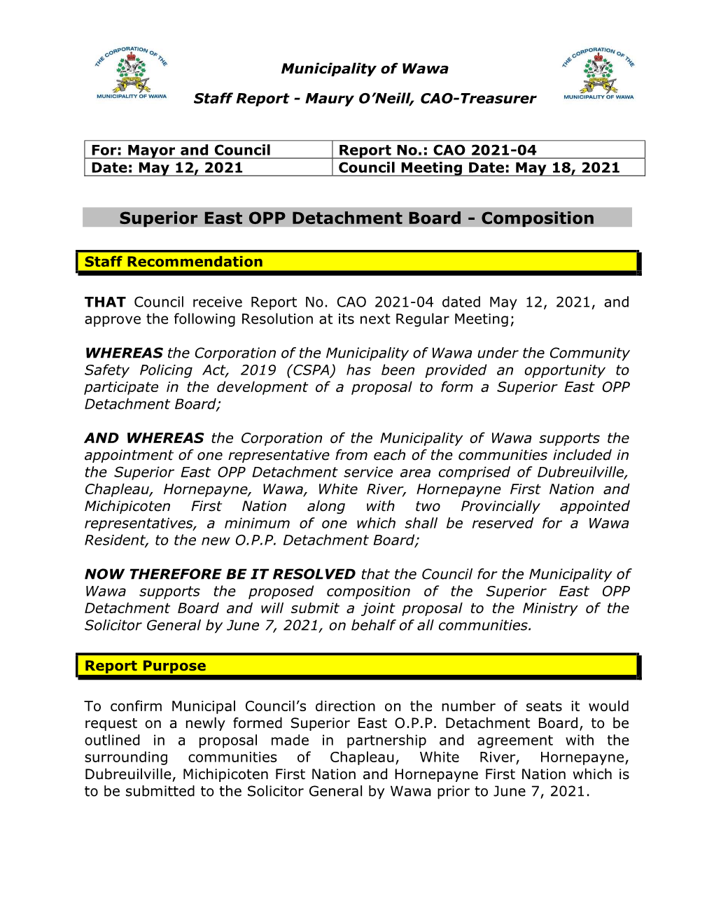 Superior East OPP Detachment Board - Composition