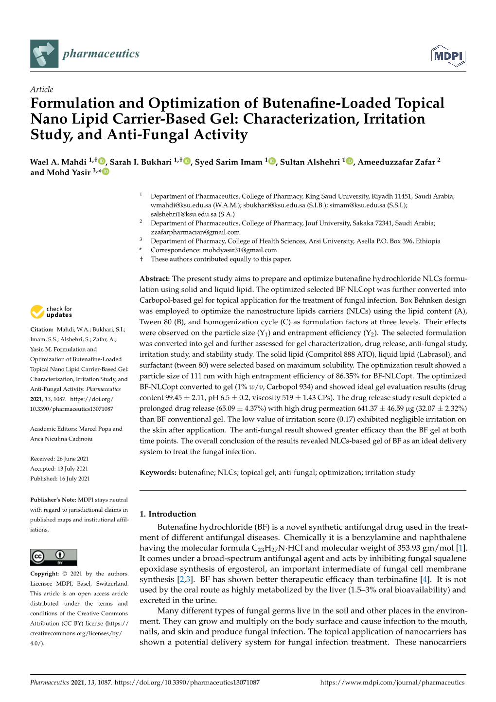 Formulation and Optimization of Butenafine-Loaded Topical Nano