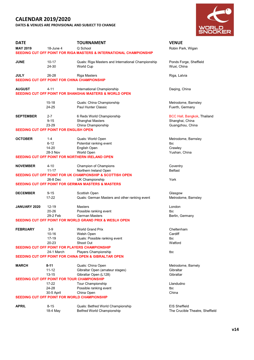 Calendar 2019/2020 Dates & Venues Are Provisional and Subject to Change