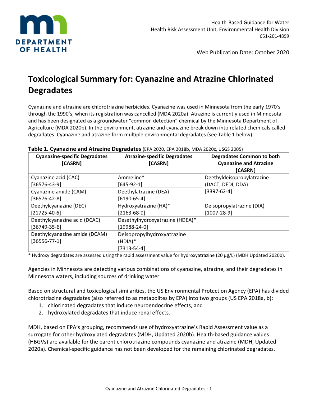 Toxicological Summary for Cyanazine and Atrazine Chlorinated Degradates