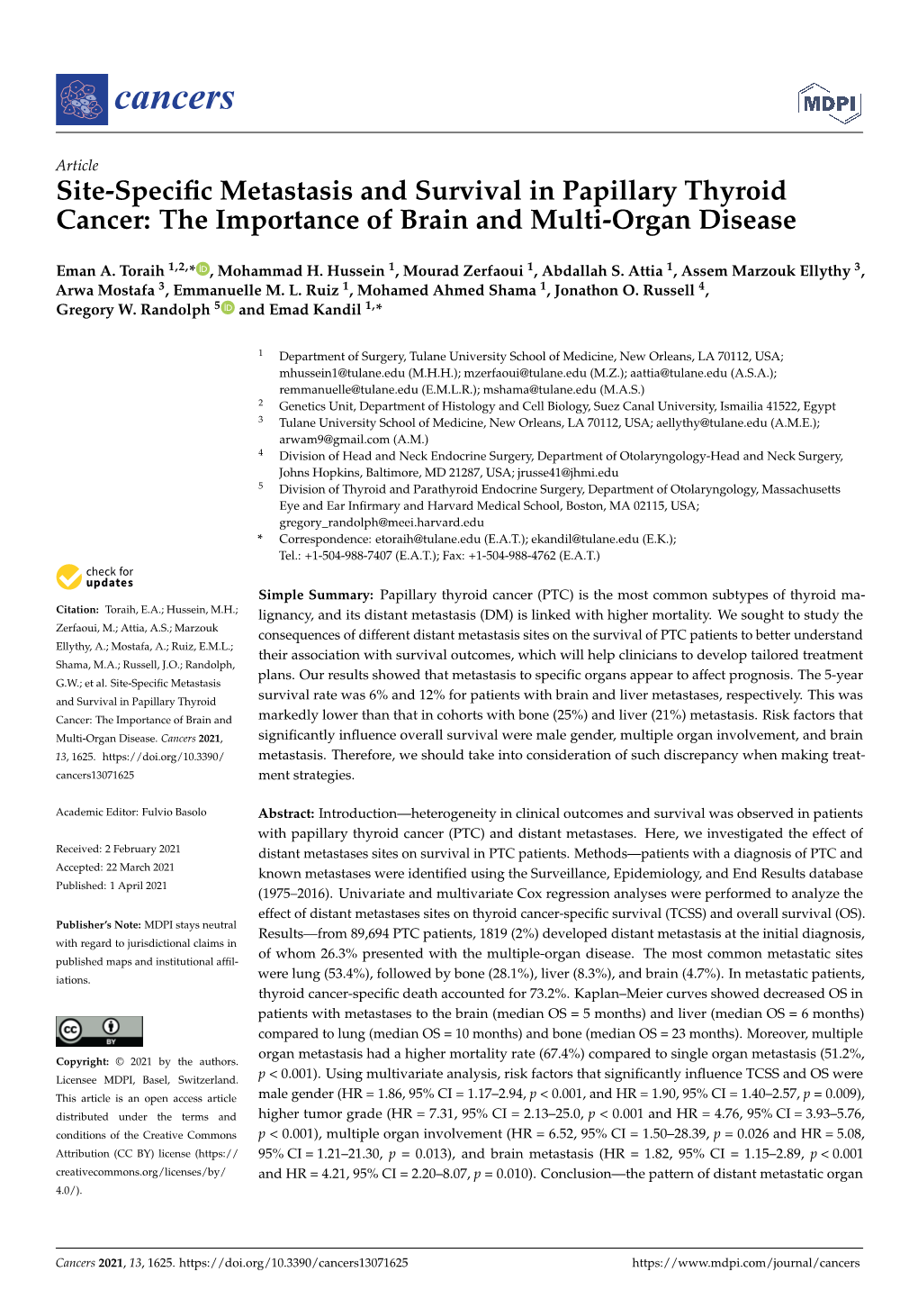 Site-Specific Metastasis and Survival in Papillary Thyroid Cancer