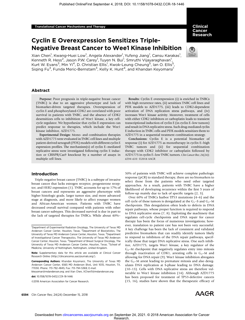 Cyclin E Overexpression Sensitizes Triple- Negative Breast Cancer To