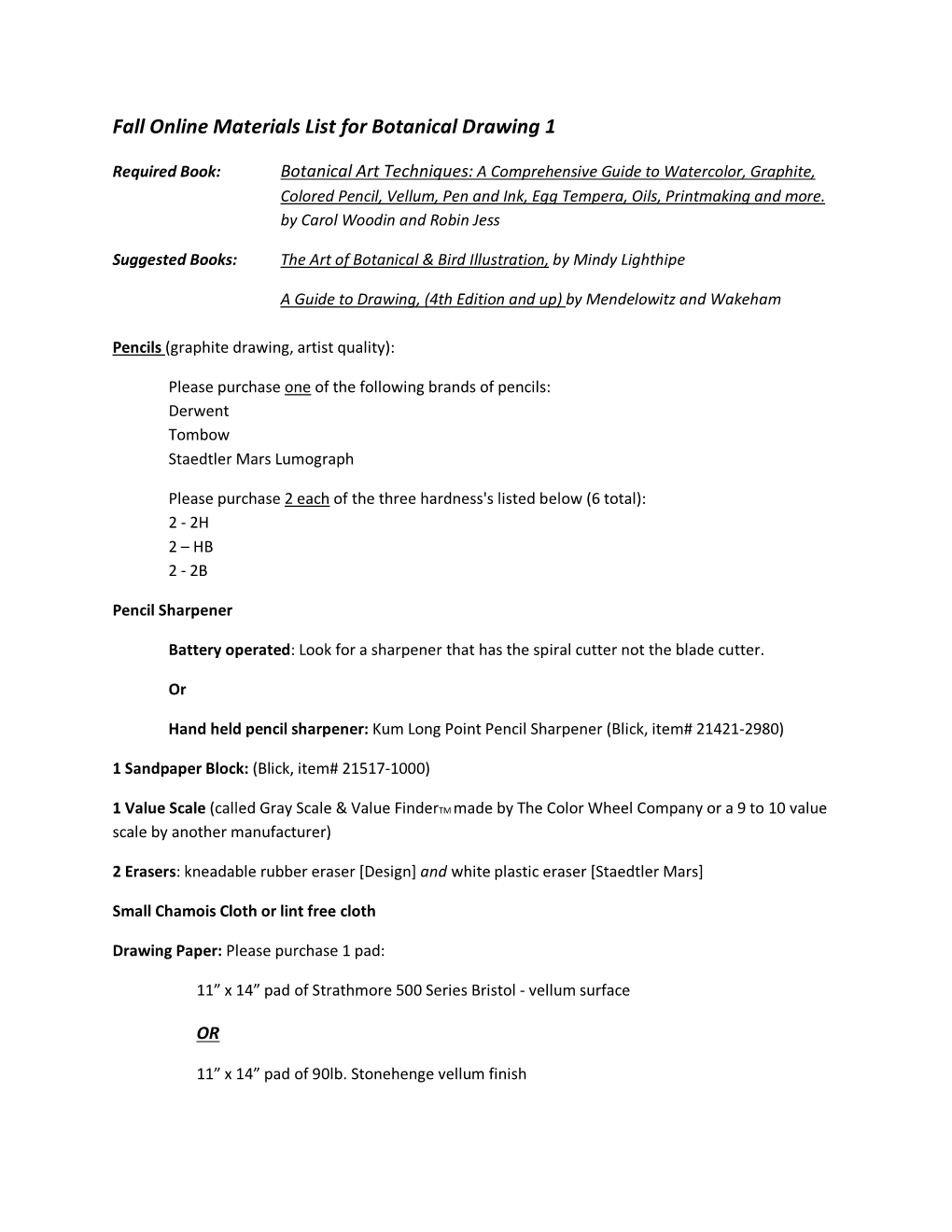 Fall Online Materials List for Botanical Drawing 1