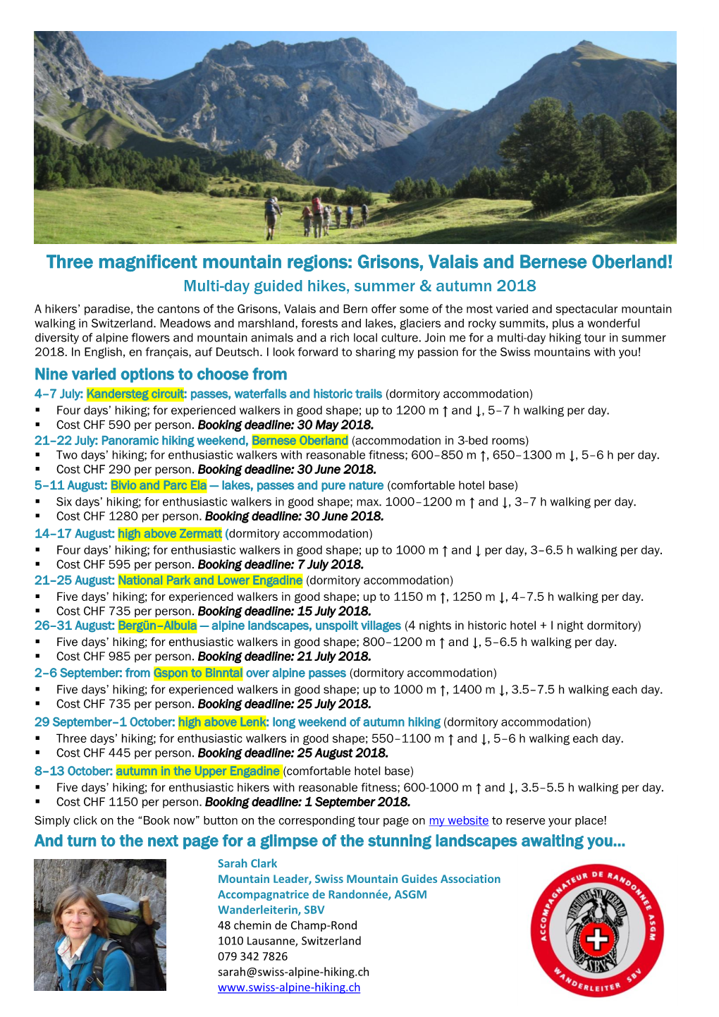 Grisons, Valais and Bernese Oberland! Multi-Day Guided Hikes, Summer & Autumn 2018