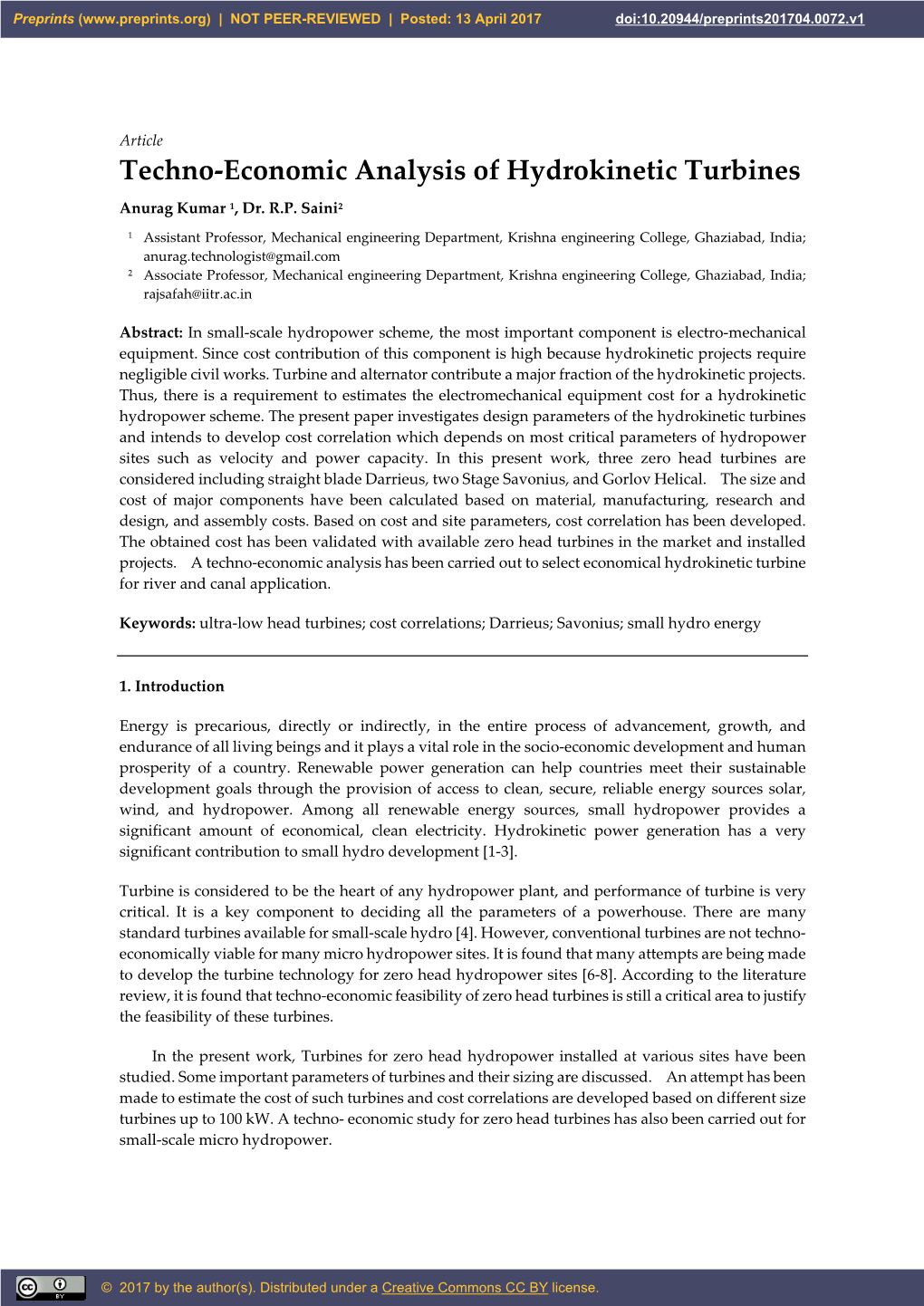 Techno-Economic Analysis of Hydrokinetic Turbines