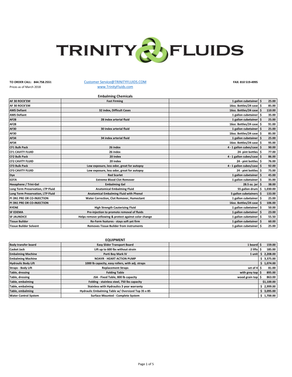 Customer Service@TRINITYFLUIDS.COM FAX: 810 519-4995 Prices As of March 2018