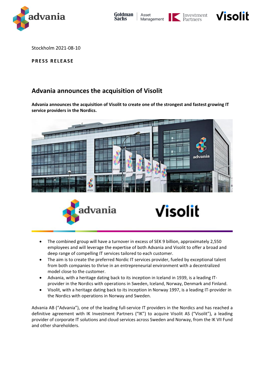 Advania Announces the Acquisition of Visolit