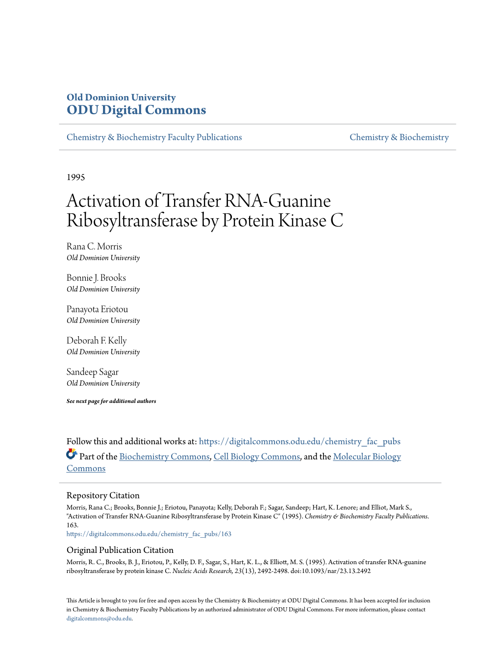 Activation of Transfer RNA-Guanine Ribosyltransferase by Protein Kinase C Rana C