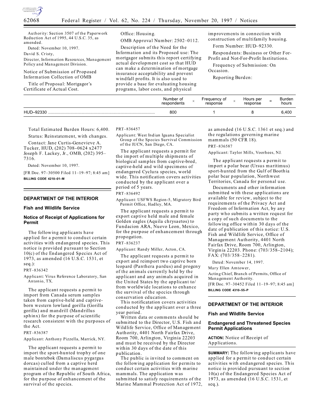 Federal Register / Vol. 62, No. 224 / Thursday, November 20, 1997 / Notices