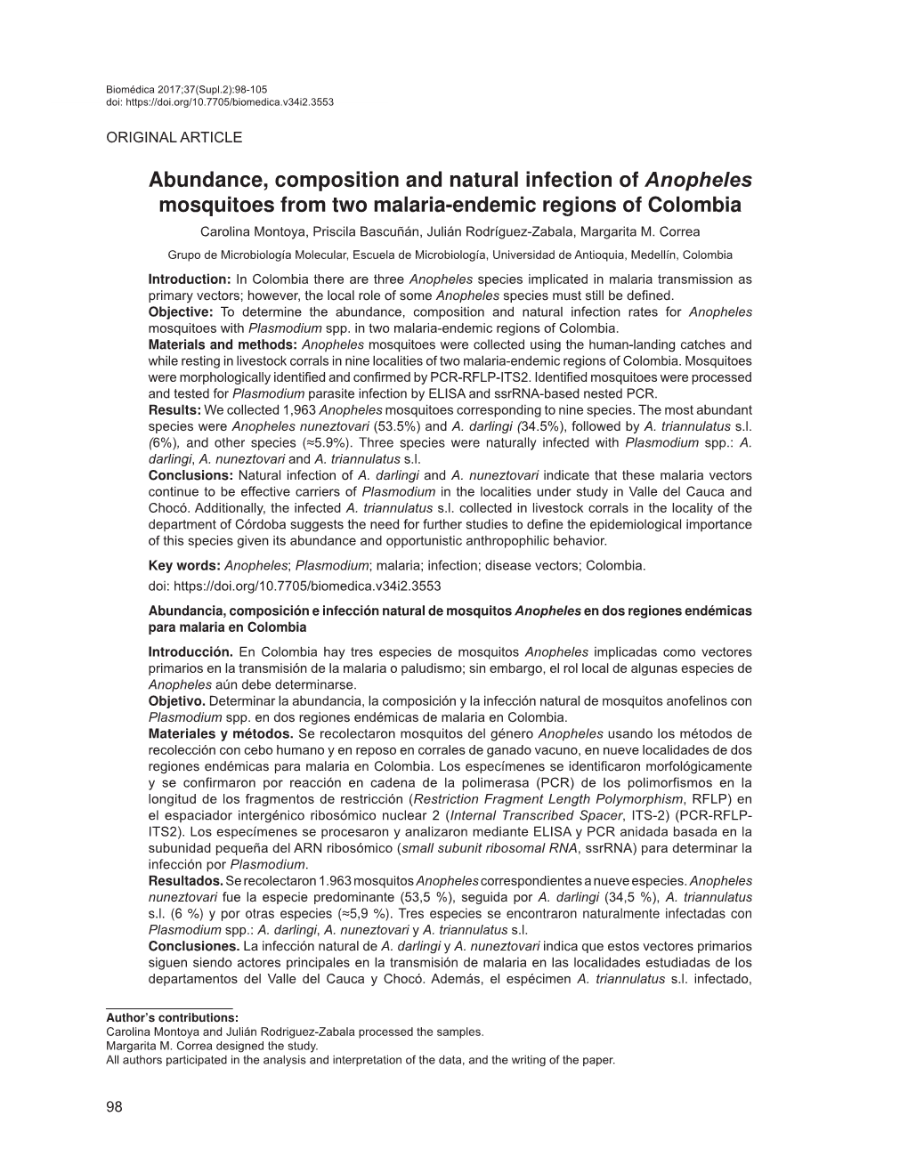 Abundance, Composition and Natural Infection of Anopheles Mosquitoes