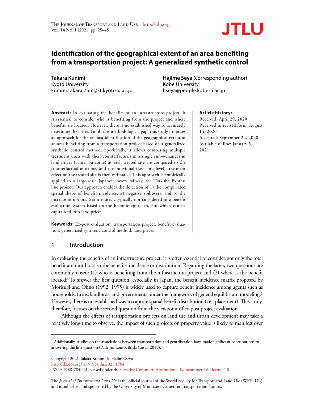 Identification of the Geographical Extent of an Area Benefiting from a Transportation Project: a Generalized Synthetic Control