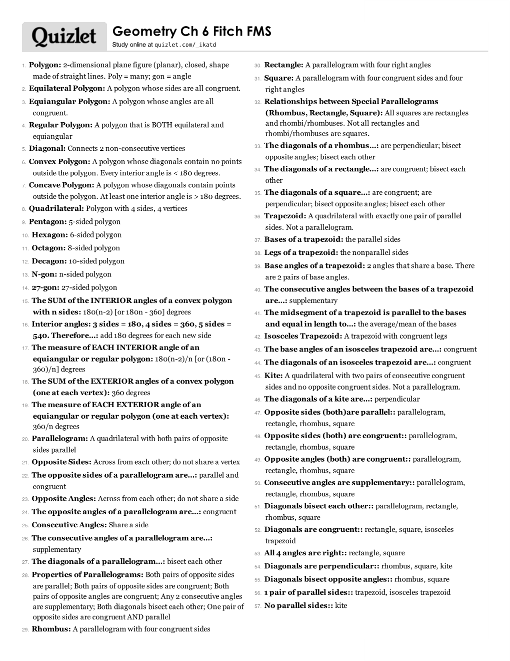 Print › Geometry Ch 6 Fitch FMS | Quizlet | Quizlet