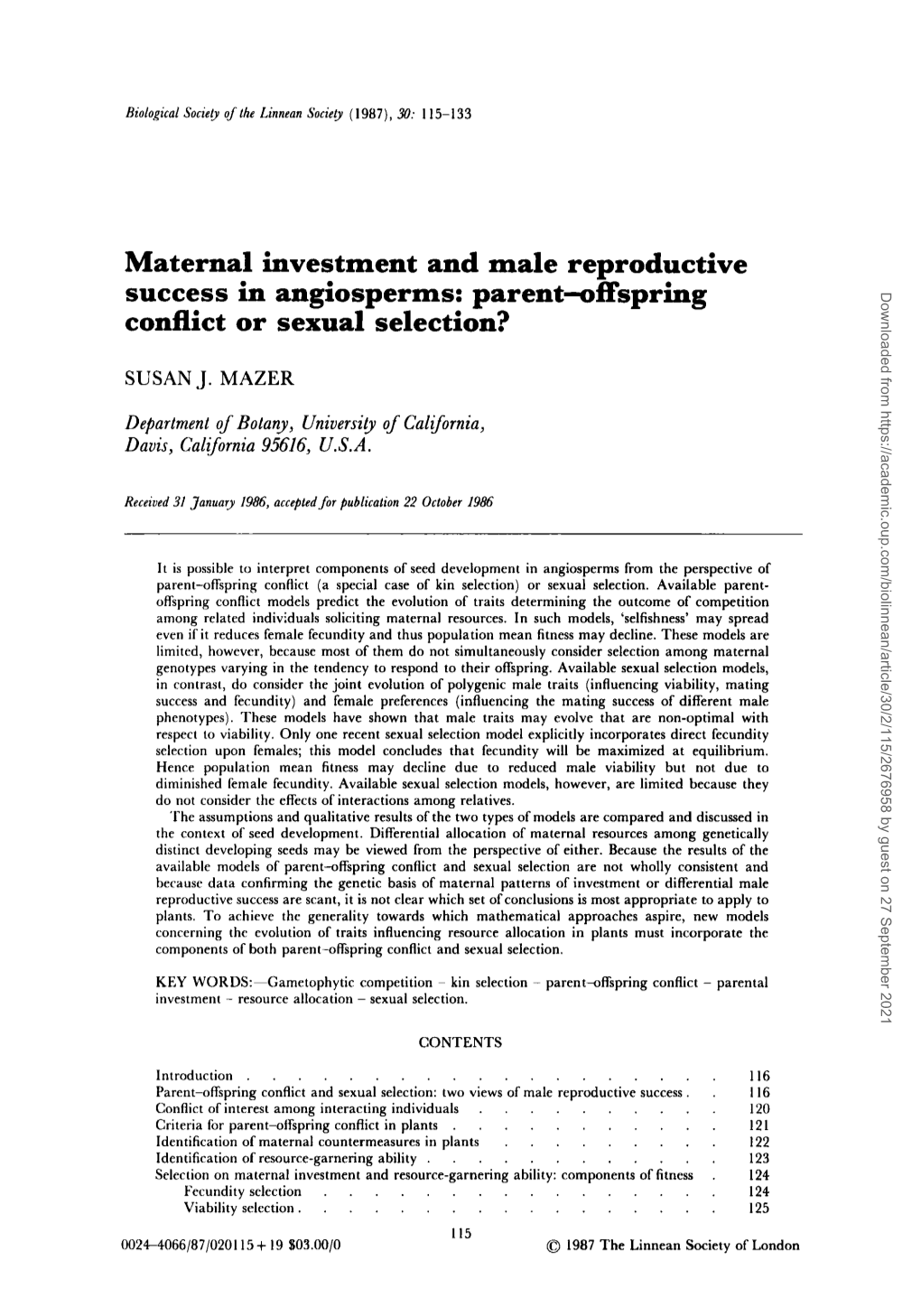 Maternal Investment and Male Reproductive Success in Angiosperms