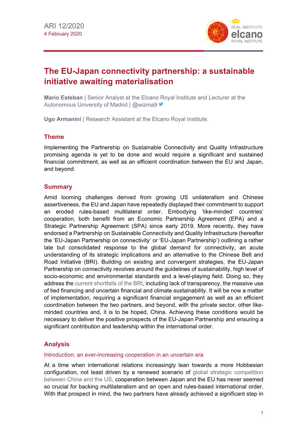 The EU-Japan Connectivity Partnership: a Sustainable Initiative Awaiting Materialisation