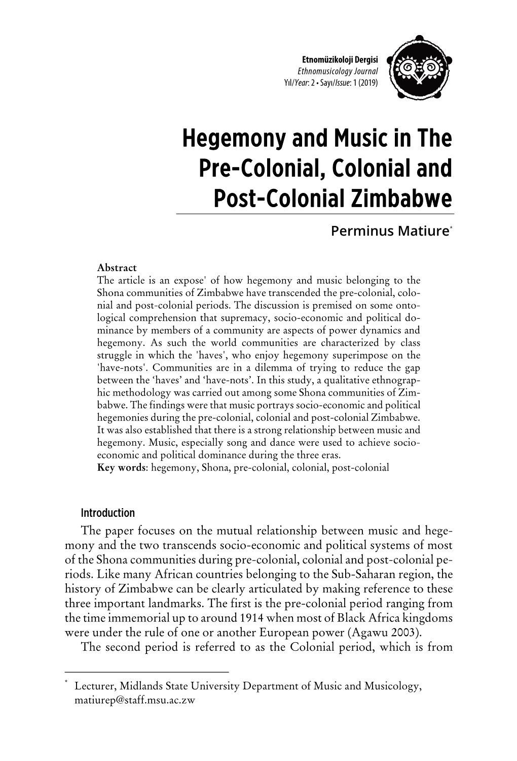 Hegemony and Music in the Pre-Colonial, Colonial and Post-Colonial Zimbabwe