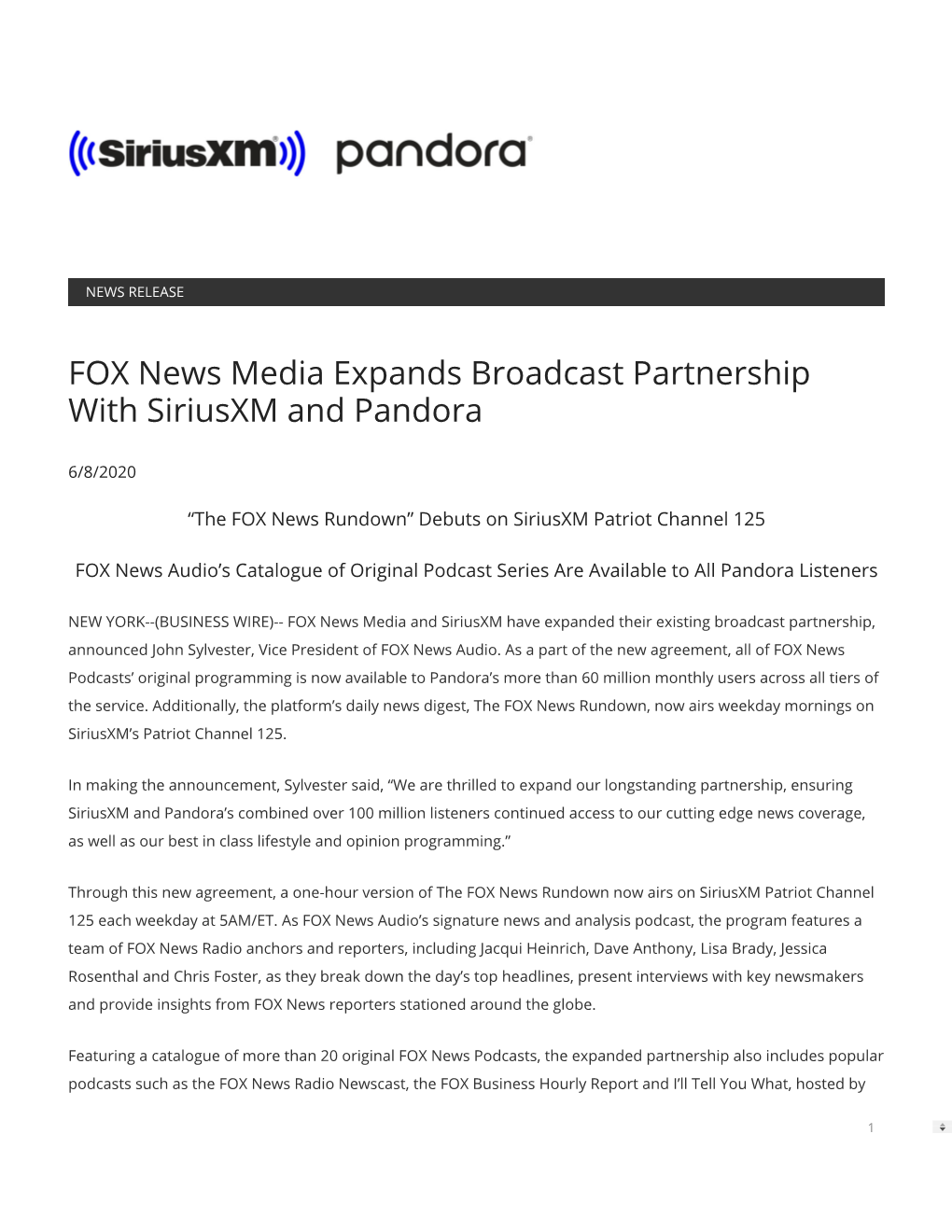 FOX News Media Expands Broadcast Partnership with Siriusxm and Pandora