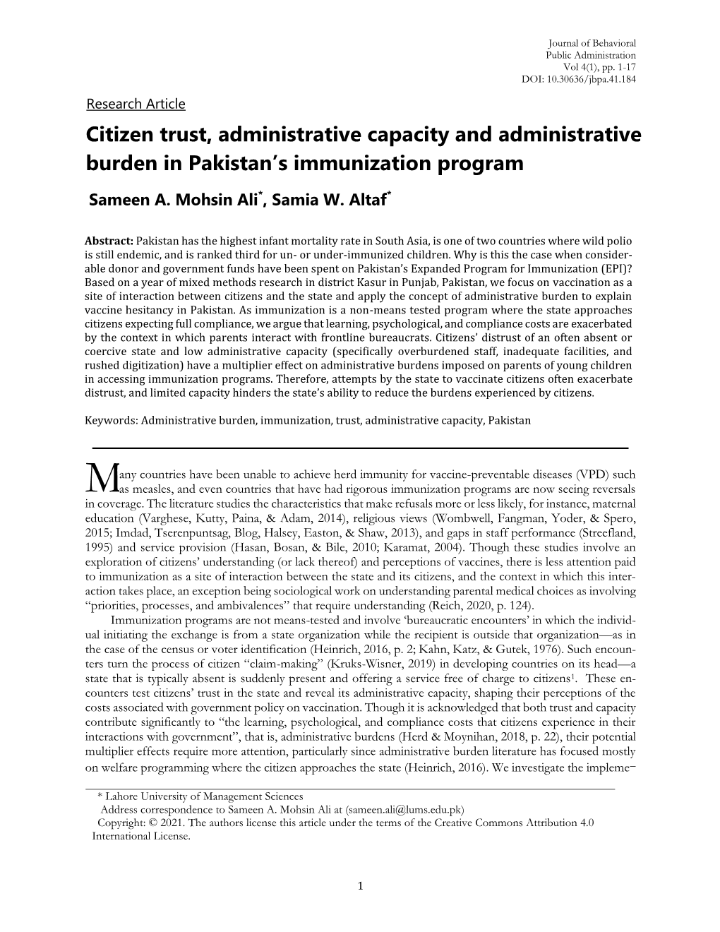 Citizen Trust, Administrative Capacity and Administrative Burden in Pakistan’S Immunization Program