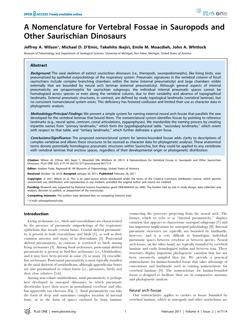 A Nomenclature for Vertebral Fossae in Sauropods and Other Saurischian Dinosaurs