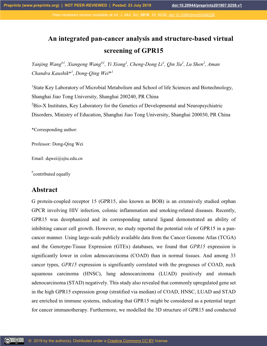 An Integrated Pan-Cancer Analysis and Structure-Based Virtual Screening of GPR15