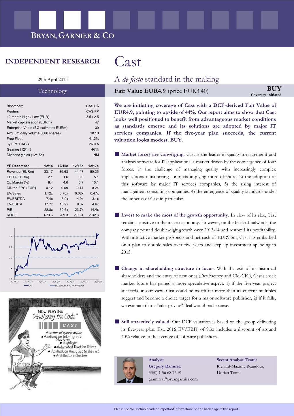 Cast 29Th April 2015 a De Facto Standard in the Making Technology Fair Value EUR4.9 (Price EUR3.40) BUY Coverage Initiated