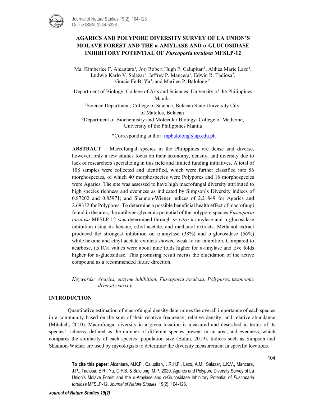 AGARICS and POLYPORE DIVERSITY SURVEY of LA UNION’S MOLAVE FOREST and the Α-AMYLASE and Α-GLUCOSIDASE INHIBITORY POTENTIAL of Fuscoporia Torulosa MFSLP-12