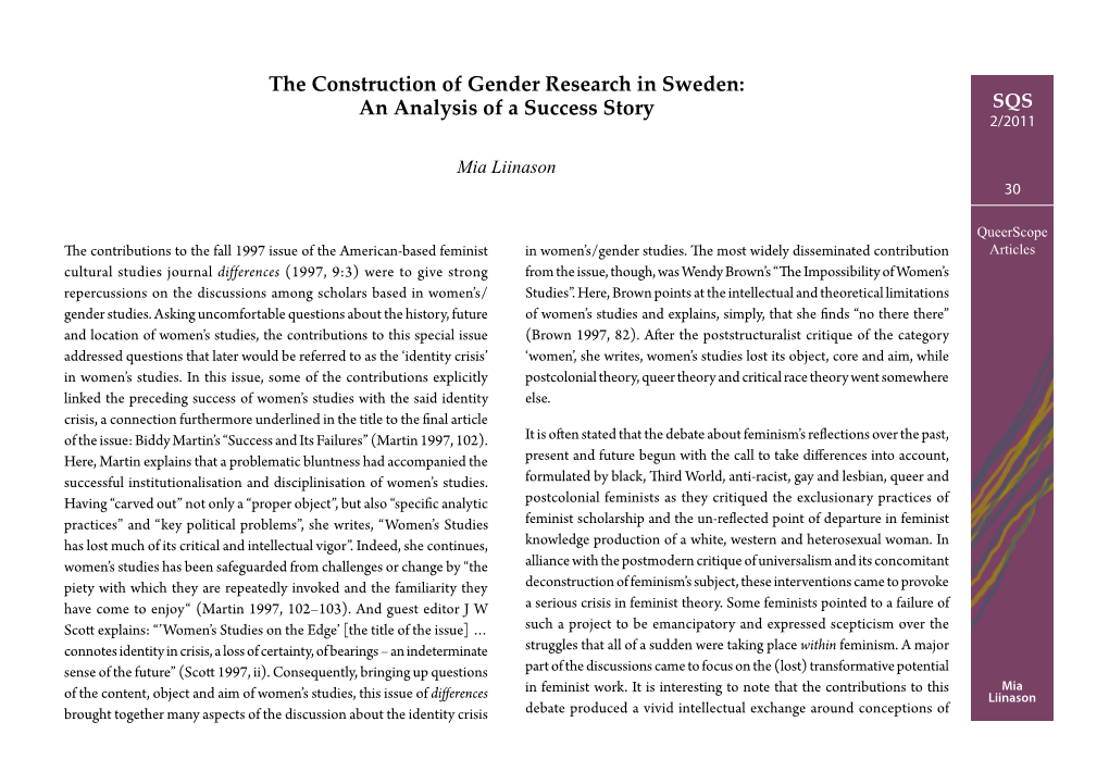 The Construction of Gender Research in Sweden: an Analysis of a Success Story SQS 2/2011