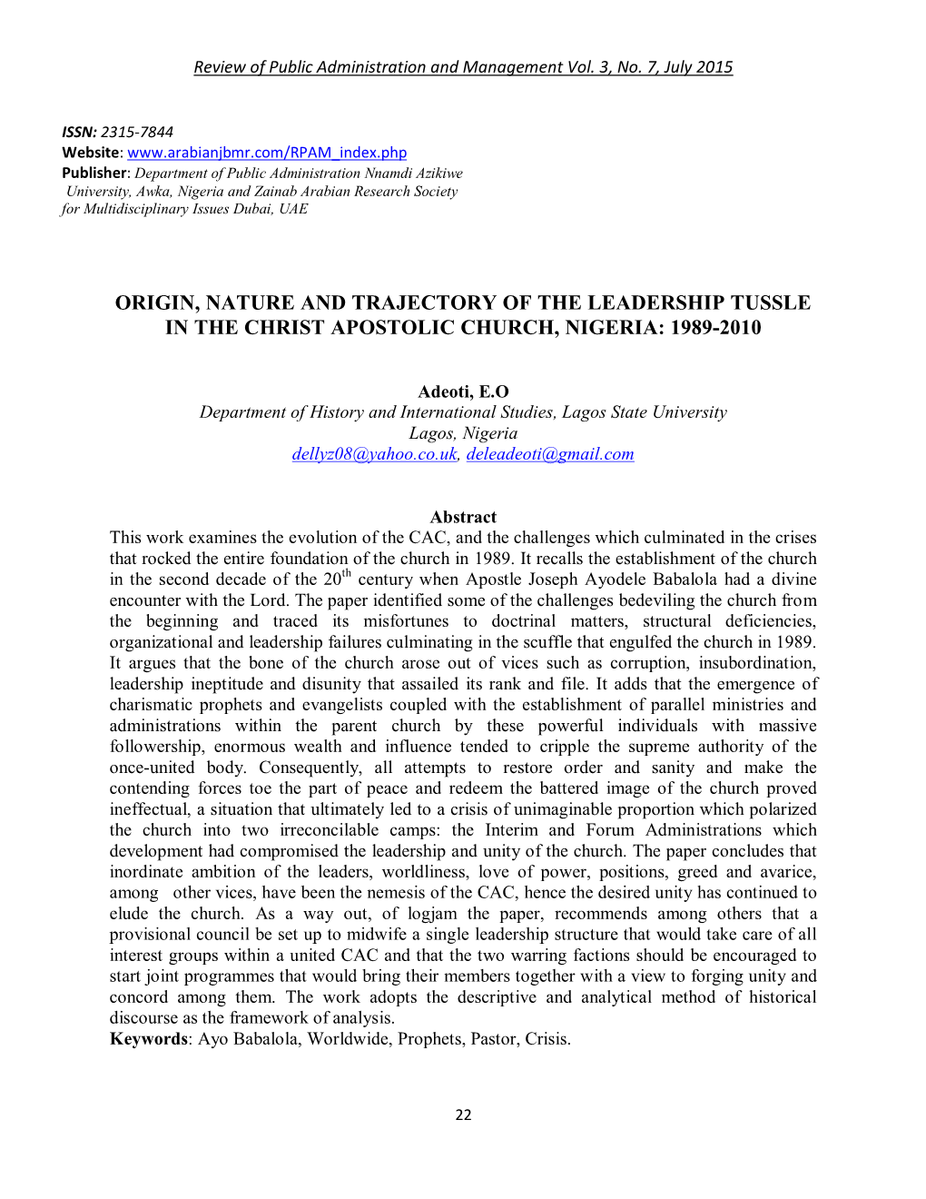 Origin, Nature and Trajectory of the Leadership Tussle in the Christ Apostolic Church, Nigeria: 1989-2010