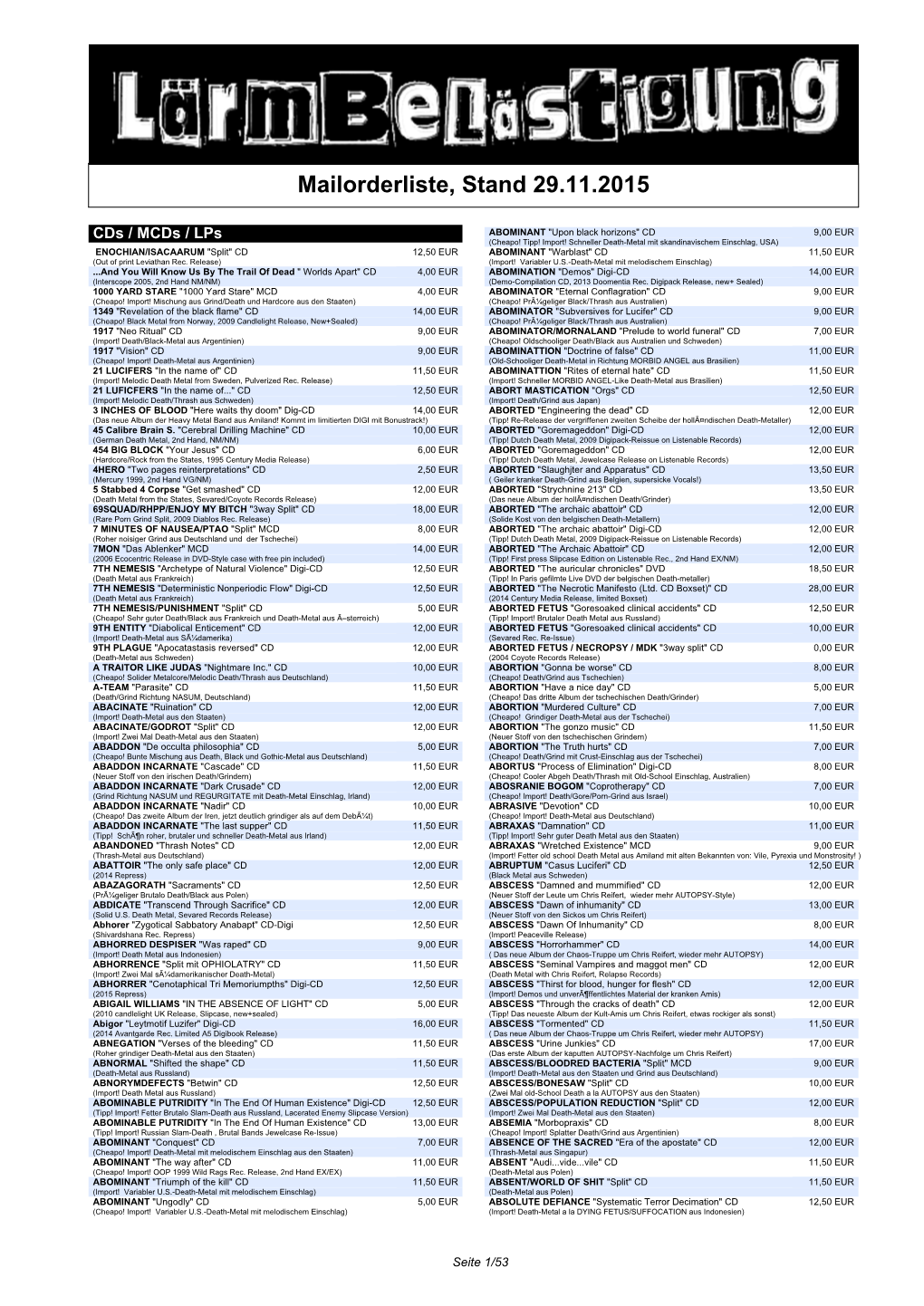 Mailorderliste, Stand 29.11.2015