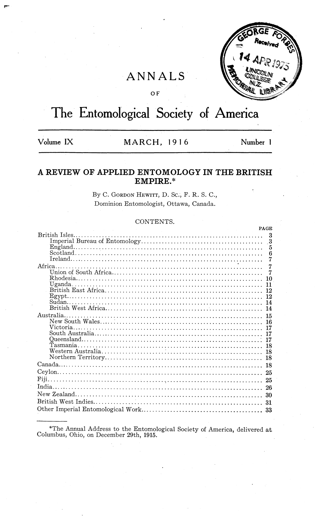 A Review of Applied Entomology in the British Empire.*