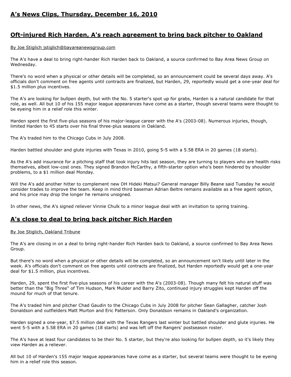 A's News Clips, Thursday, December 16, 2010 Oft-Injured Rich Harden