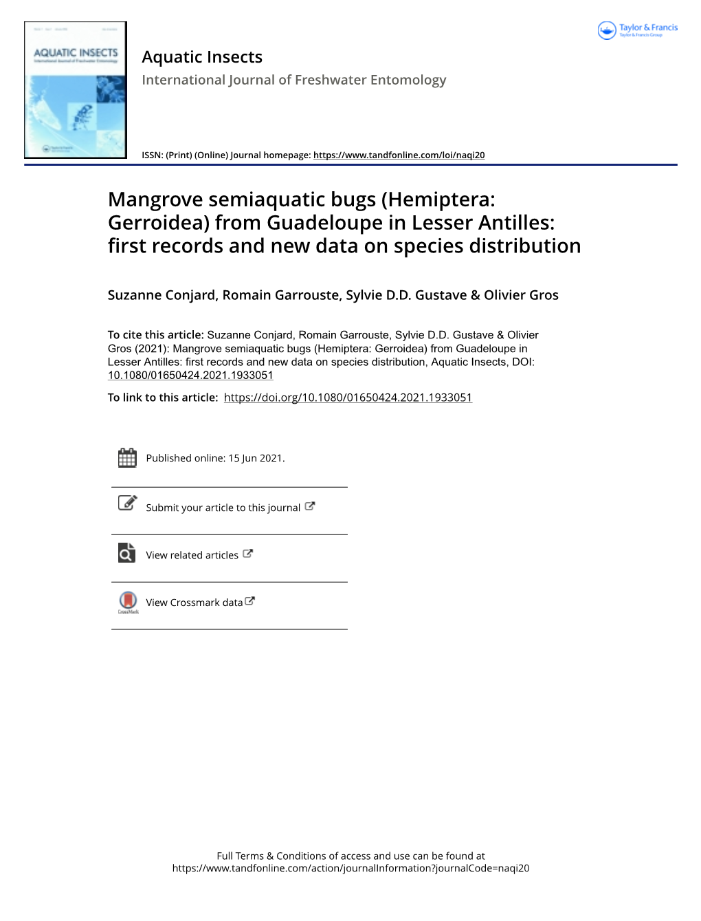 Mangrove Semiaquatic Bugs (Hemiptera: Gerroidea) from Guadeloupe in Lesser Antilles: First Records and New Data on Species Distribution